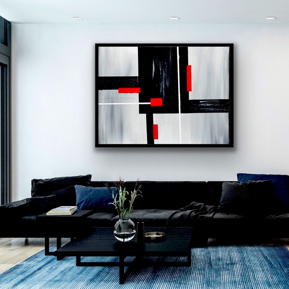 Abstract Wall Art, Modern Contemporary Red,Black and Gray. Acrylic Painting.